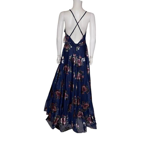 City Studios Juniors' Strappy Floral Metallic Mesh Gown Navy/Purple Sz 7/8 - Picture 6 of 9
